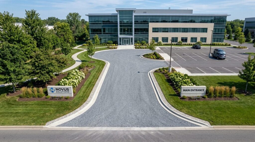 Overhead shot of a completed commercial driveway renovation 