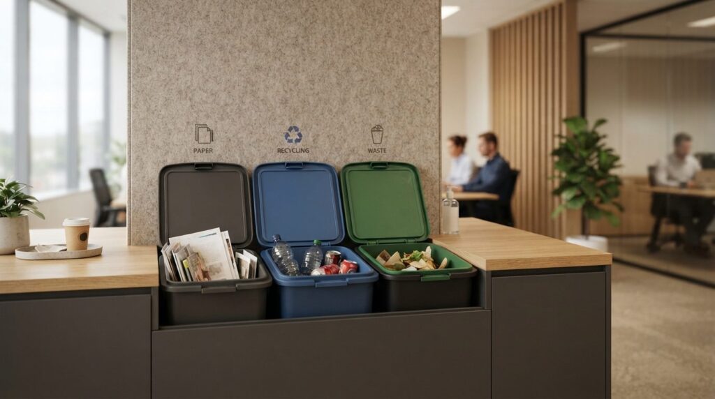 Close-up detail shot of modern waste sorting bins in an offi