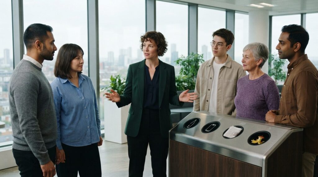 Team leader or manager explaining waste sorting system to em