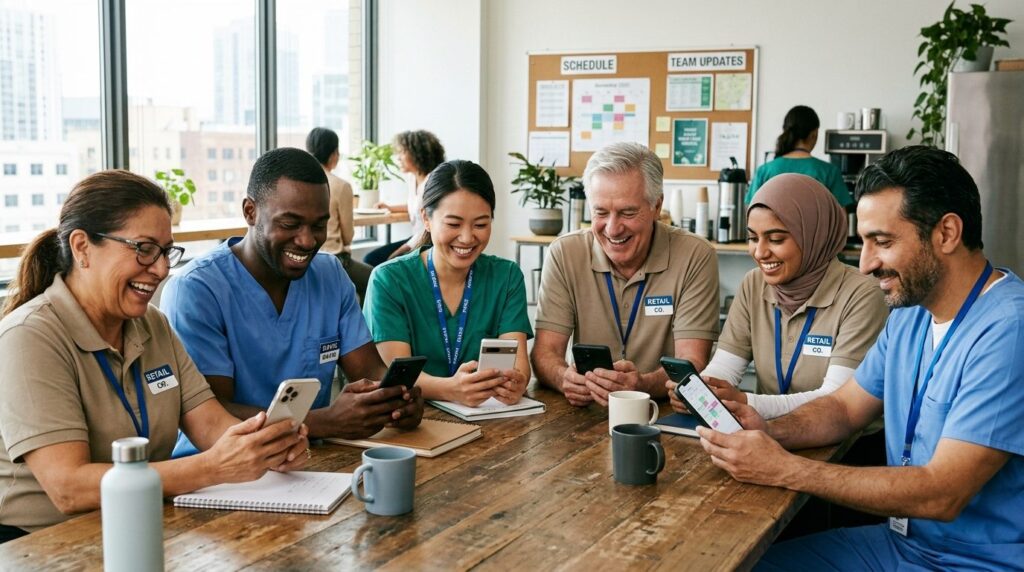 Diverse group of healthcare or retail workers of different a