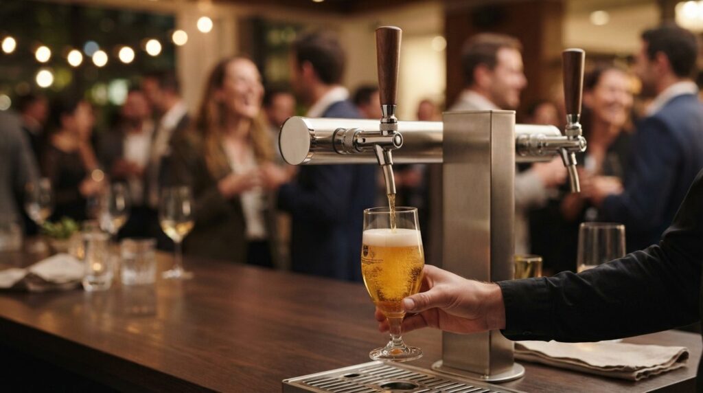 Close-up professional shot of a polished draught beer tap sy