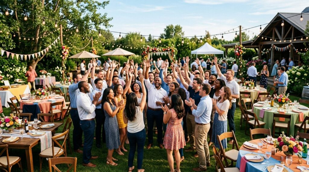 Wide shot of corporate employees participating in an interac