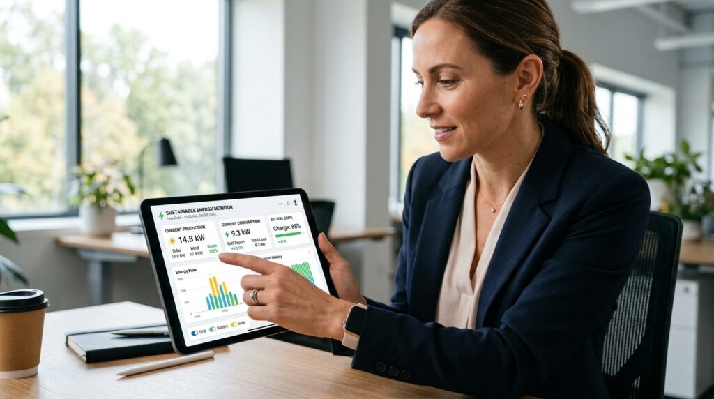 Realistic close-up photograph of sustainable energy monitori