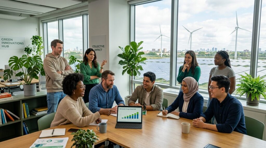 Wide angle photograph of diverse team in modern office envir