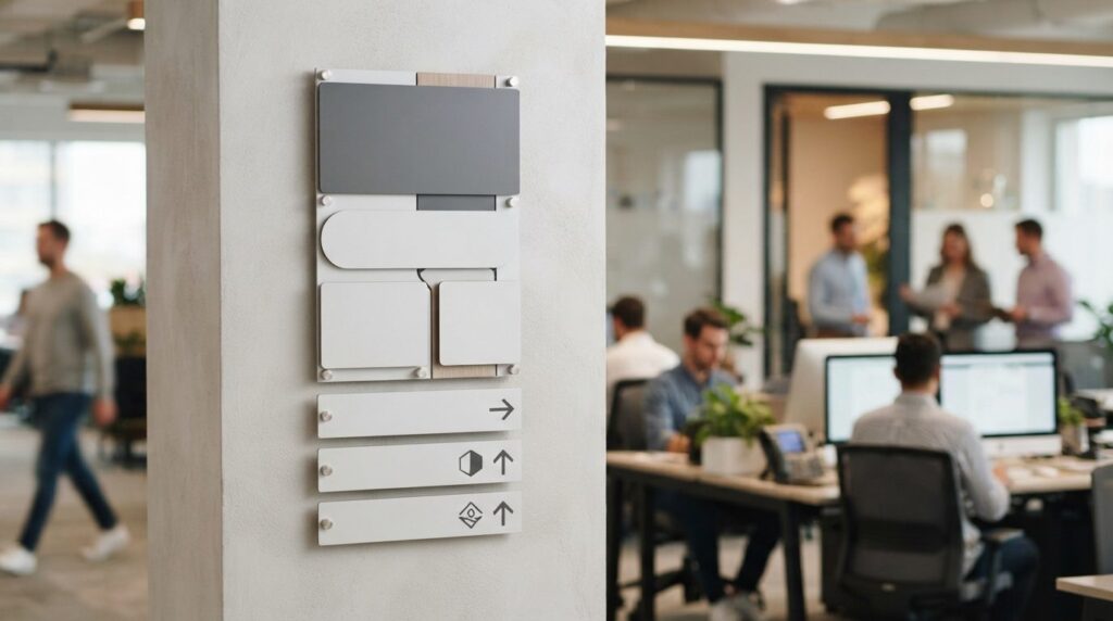 Close-up of contemporary workplace signage and directory mar