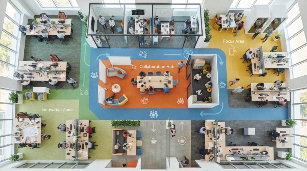 Overhead view of organized office floor plan with color-code