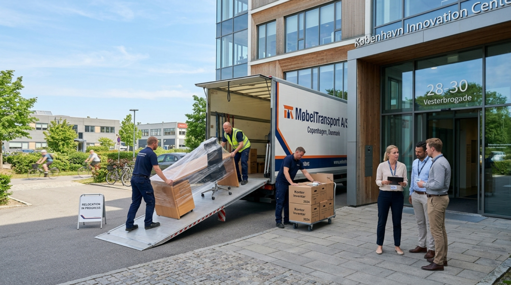 Wide shot of a moving truck parked outside a contemporary of