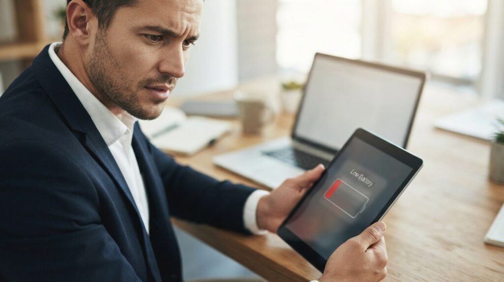 Close-up of businessmans hand holding iPad showing low batt