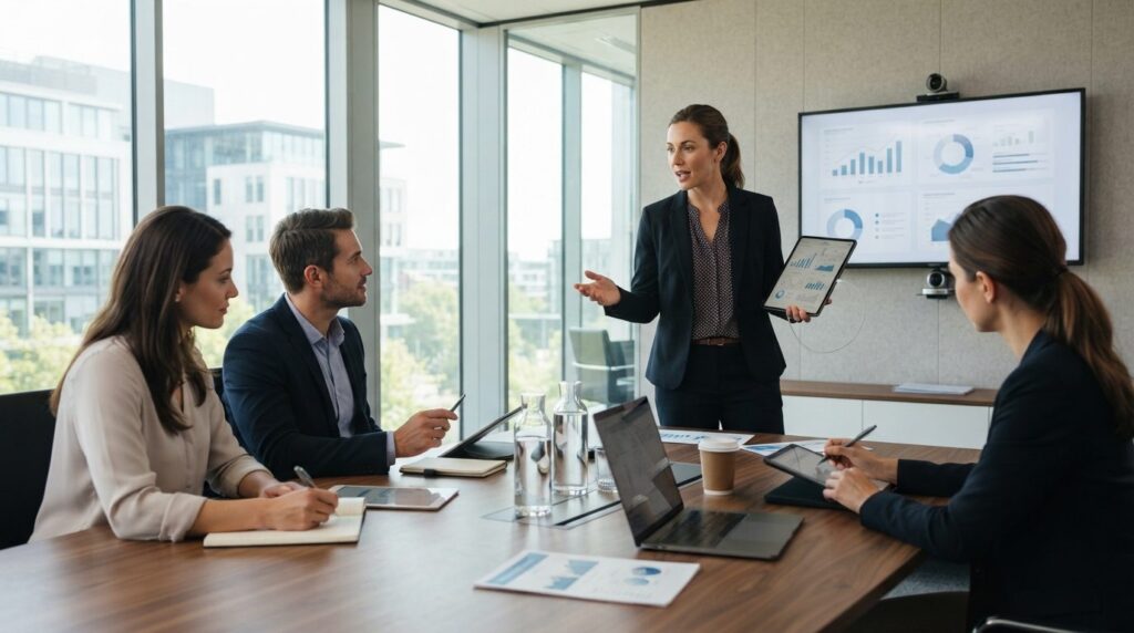Productive female entrepreneur presenting business strategy