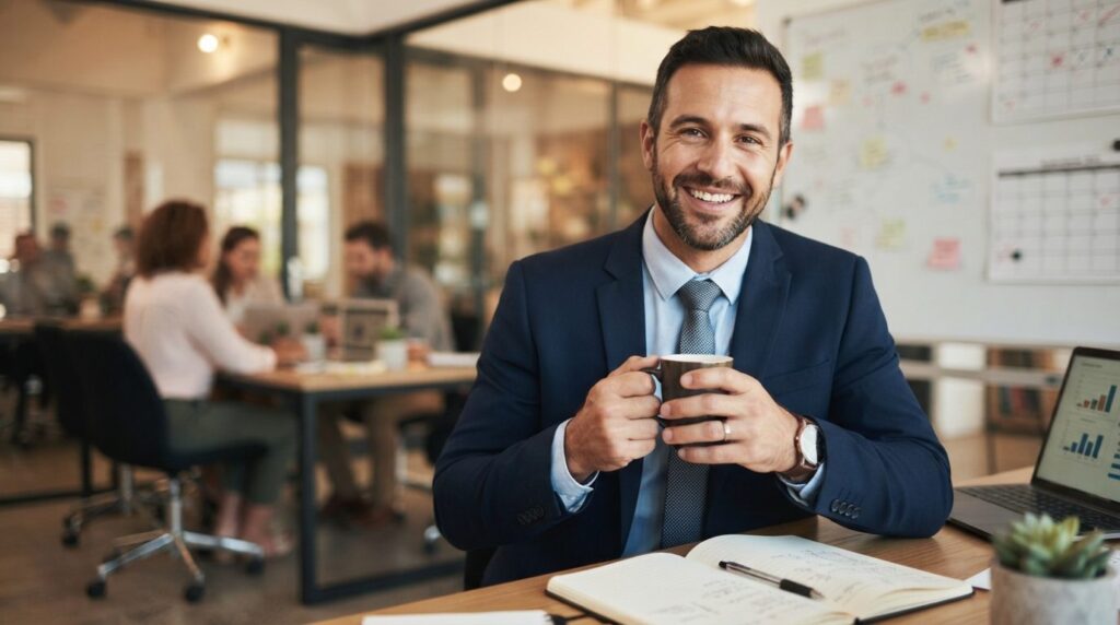 Close-up portrait of a confident male B2B sales professional
