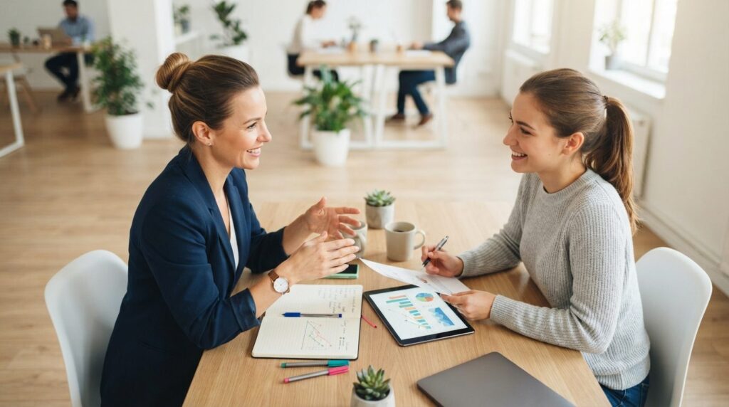 Overhead view of a supportive manager or team leader having 