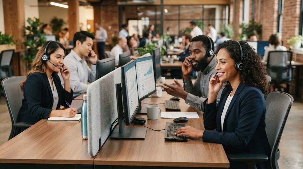 Close-up of business team in call center or office environme