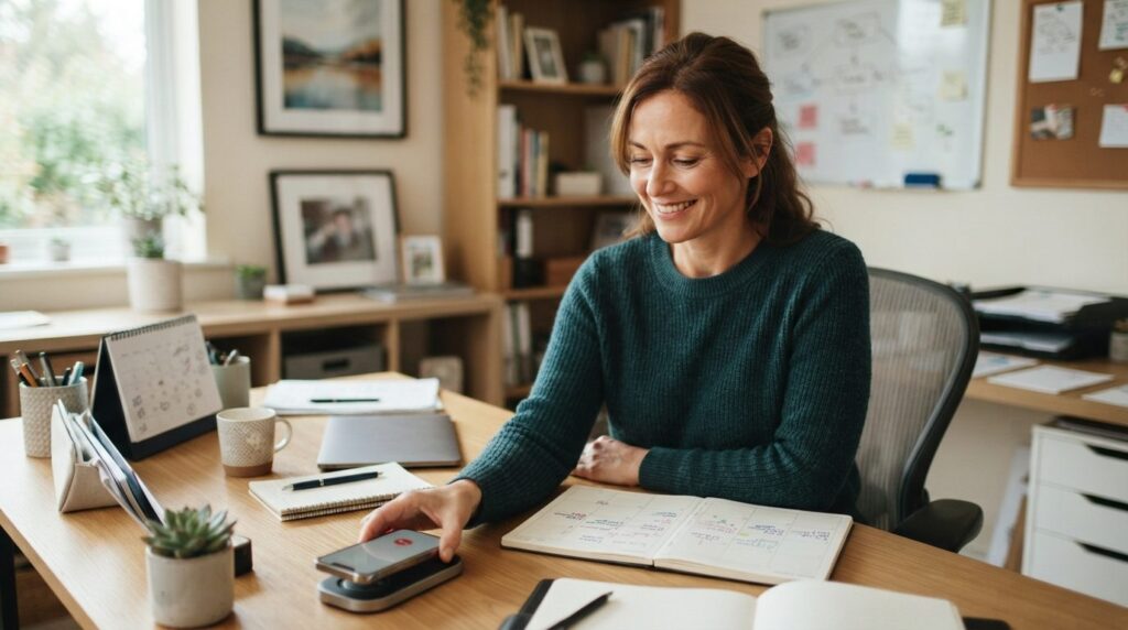 Small business owner at desk looking relieved and satisfied,