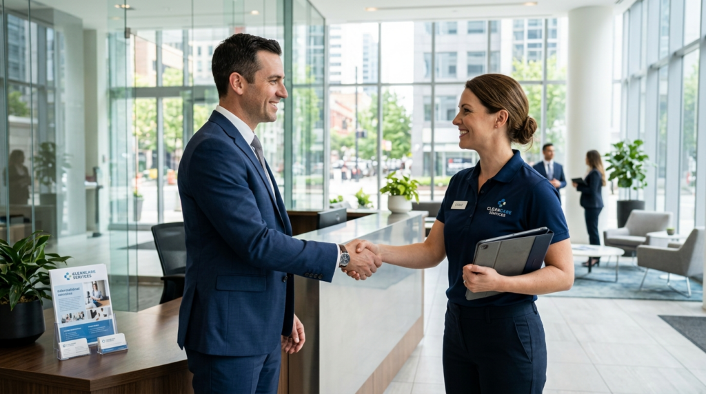 Business manager and female professional cleaning service re