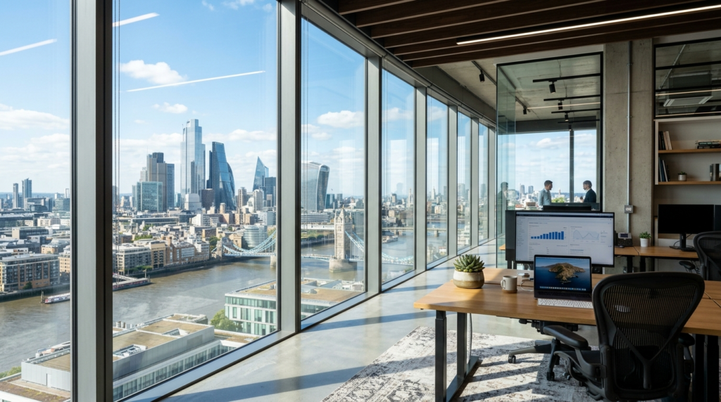 Interior view of spotless floor-to-ceiling office windows wi