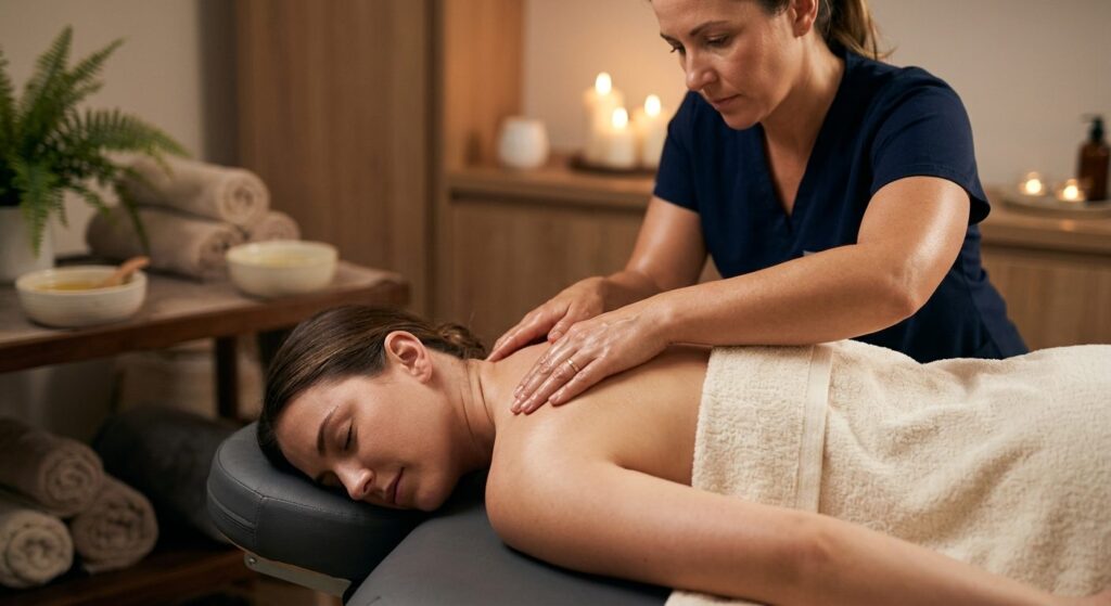 Close-up of a skilled massage therapists hands working on a