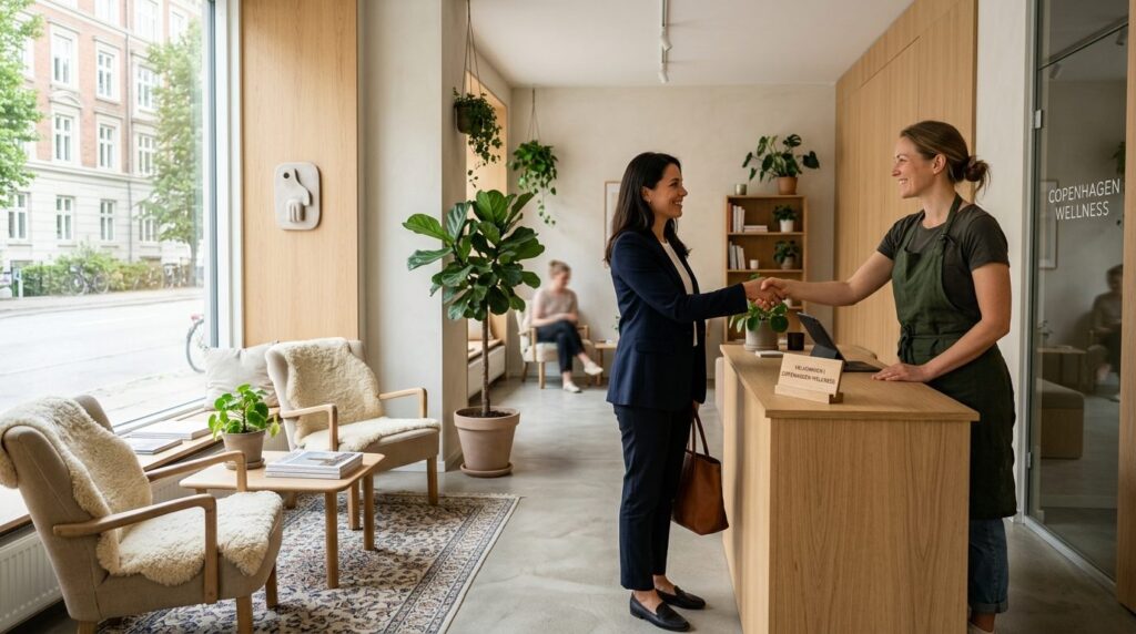 Modern Copenhagen wellness clinic reception area with a fema
