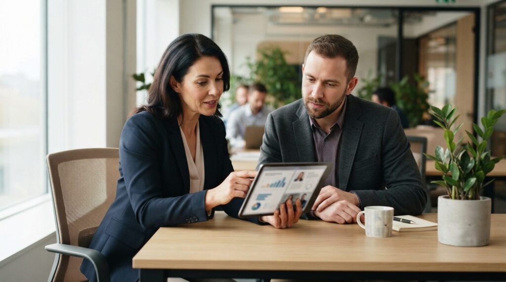 Close-up photograph of a female HR manager and male team lea