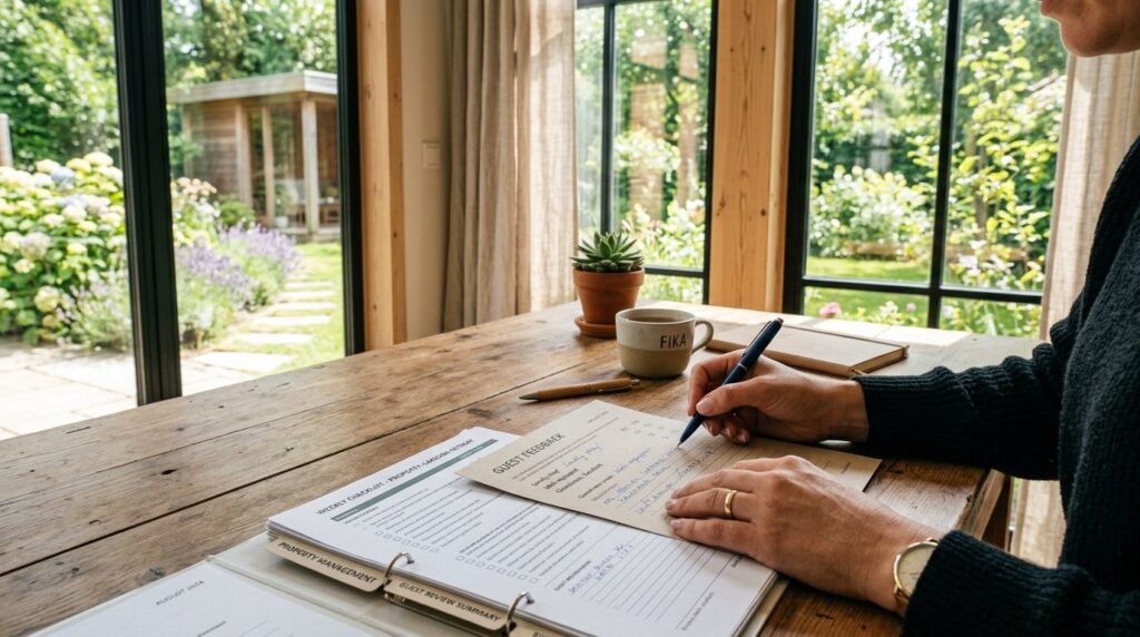Close-up of a womans hands reviewing guest feedback and pro