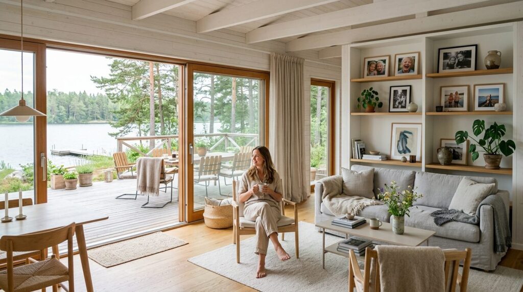 Wide shot of a summer house living room with open doors to d
